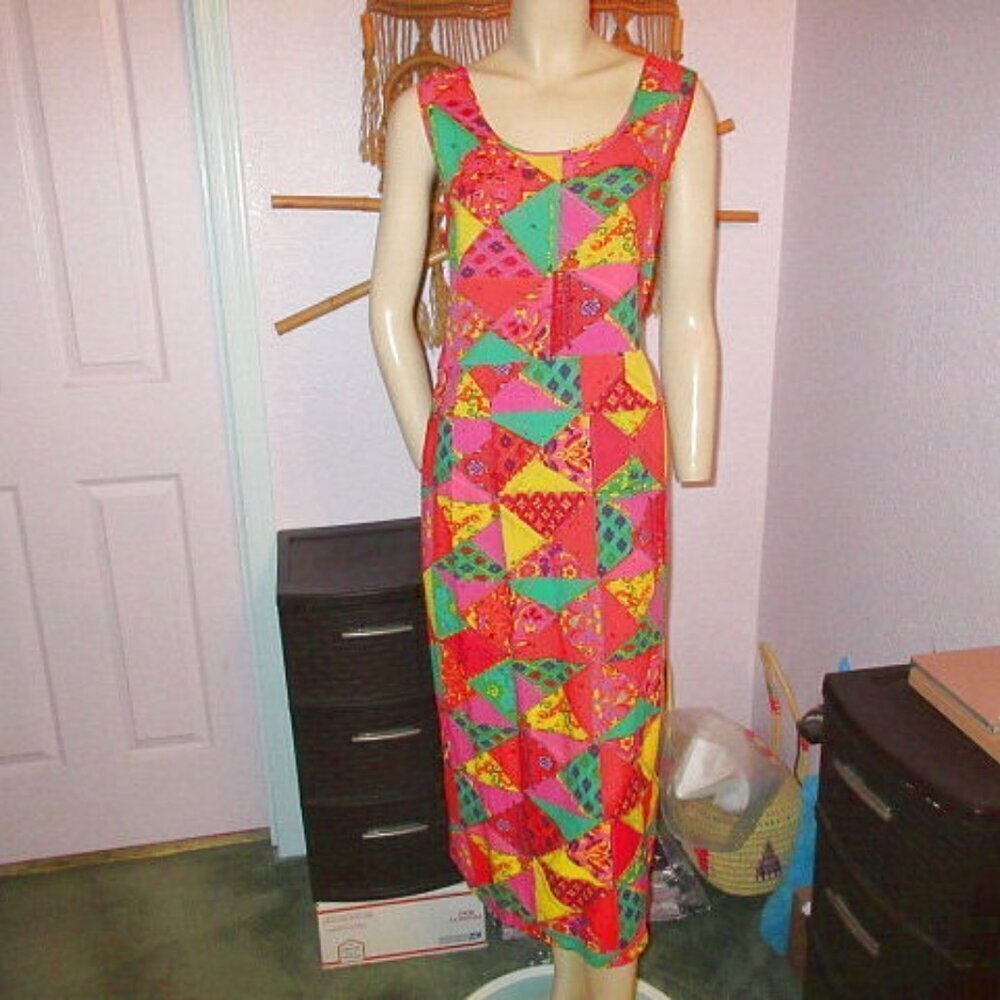 Vtg Jams World Patchwork Dress Size L Pockets Pleated Sleeveless Midi Hawaiian